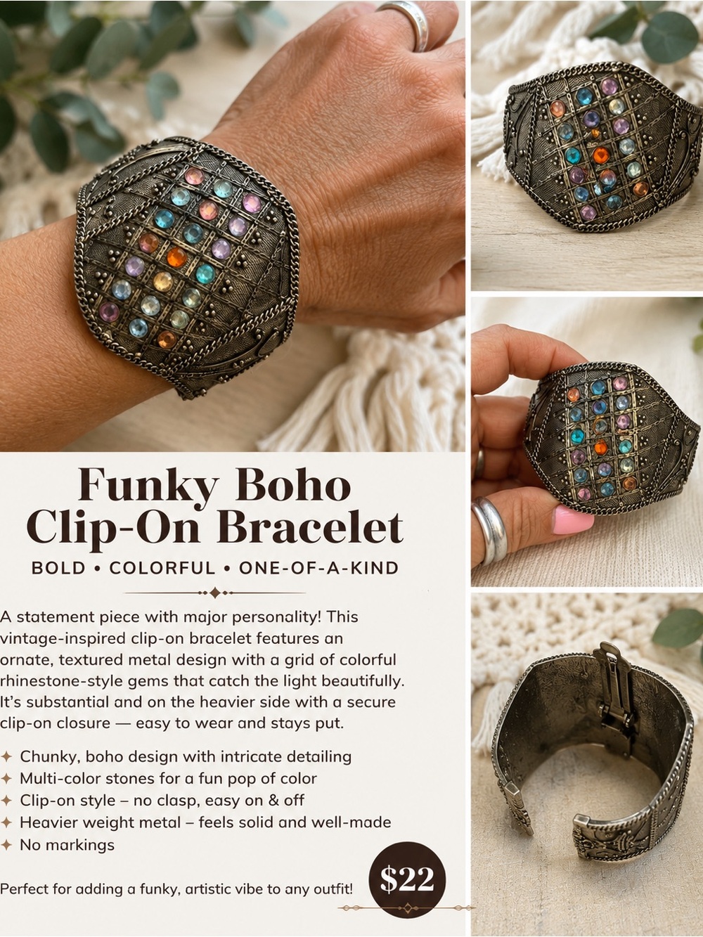 Funky Boho Clip-On Cuff Bracelet Colorful Rhinestones Heavy Metal